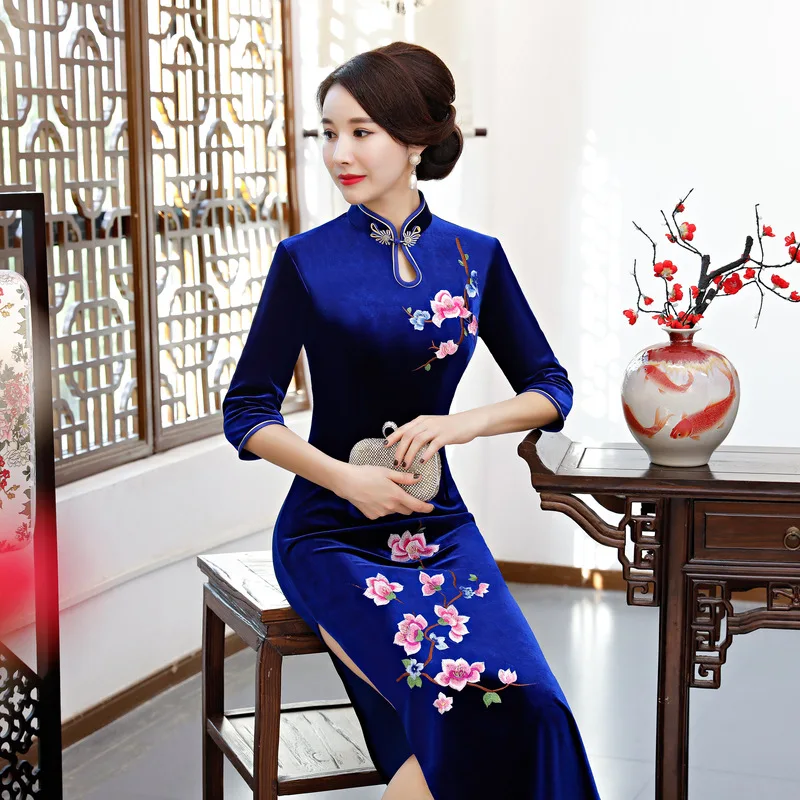 Бургундия Лилия вышивка китайский женский зимний/Auturm бархат cheongsam QiPao винтажное