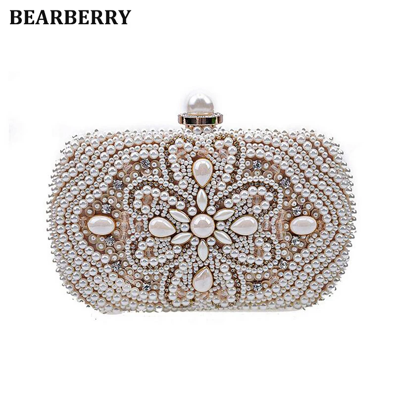 

Designer Lady‘s pearl Acrylic Evening Clutch Bags Diamond Purse Chain Flowers Luxurious Wedding Handbags Black KC01