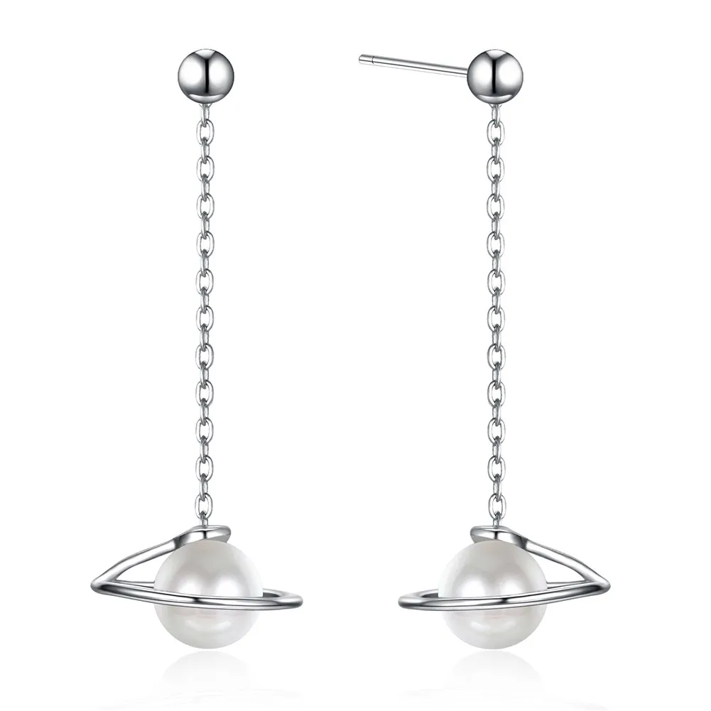 

Elegant Women 925 Sterling Silver Pearl Earrings Fashion S925 Long Chain Rotate Celestial Shape Drop Earrings Lady Party Jewerly