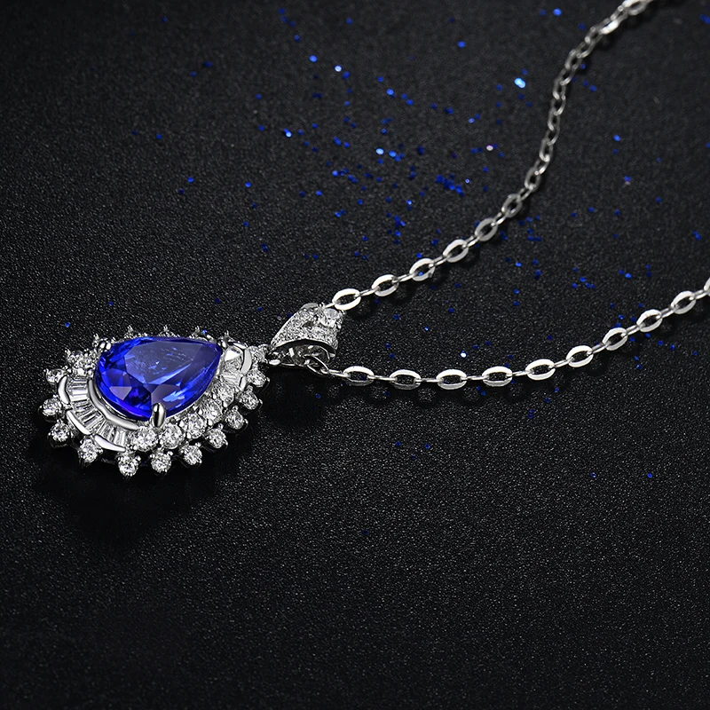 LOVERJEWELRY, женский элегантный кулон, твердый, 18 К, белое золото, голубой танзанит, Свадебный кулон, самоцвет в форме груши, настоящий бриллиант