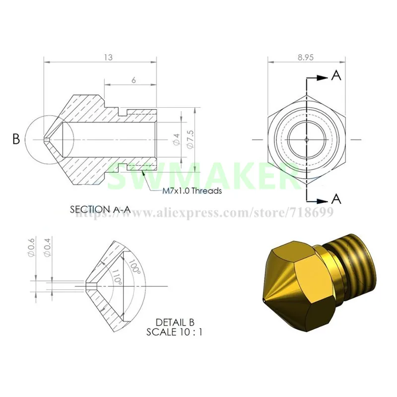 SWMAKER 3d принтер MK10 экструдер Hotend 0,4 мм Насадка горло нагреватель Блок для FlashForge Wanhao CTC