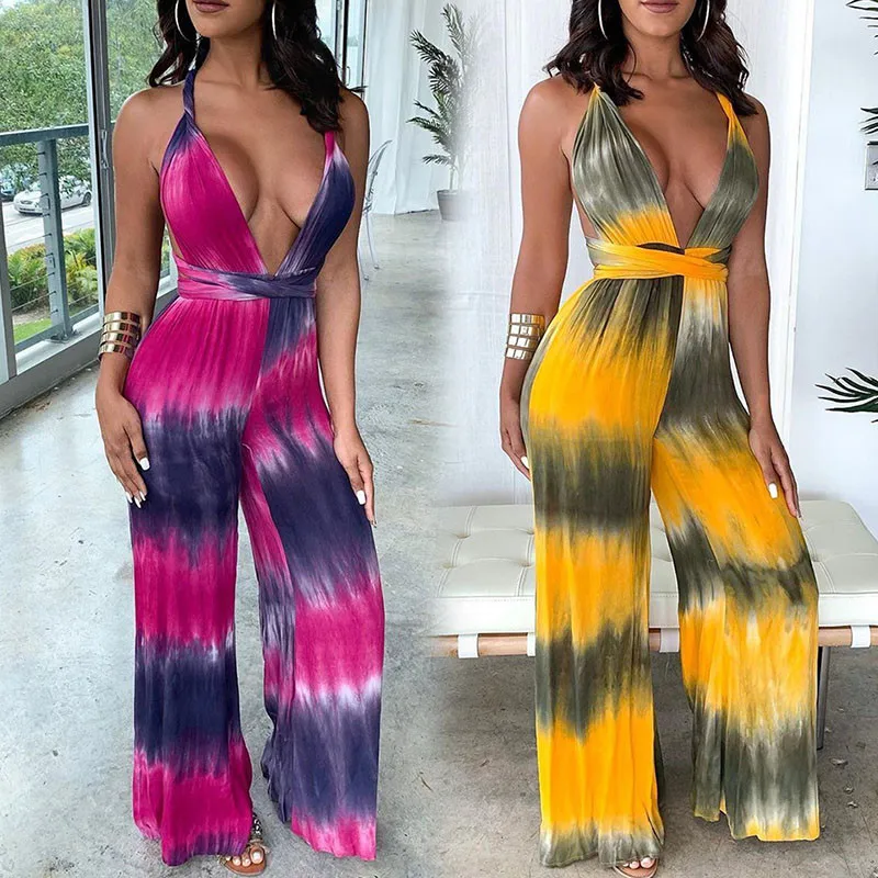 Женский свободный комбинезон с принтом разноцветный широкими штанинами V