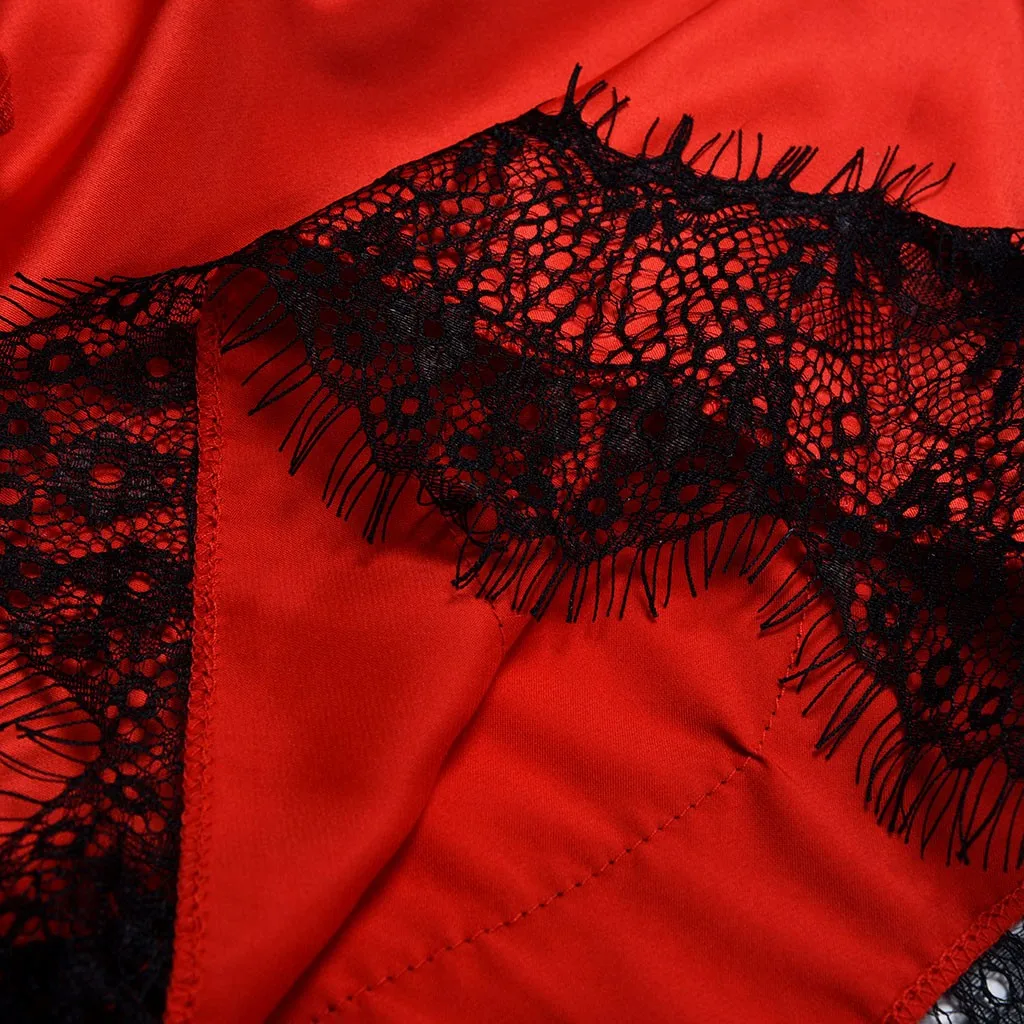 Атласный пижамный комплект красная кружевная Пижама с лямкой на шее пижама без