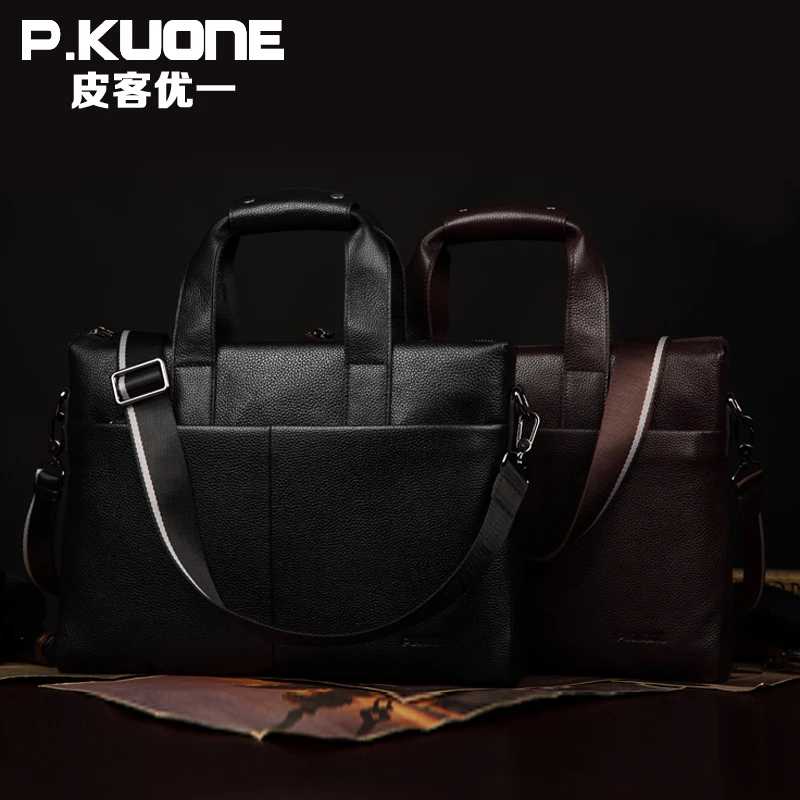P.KUONE Мужские Простые Сумки из натуральной воловьей кожи деловой портфель через