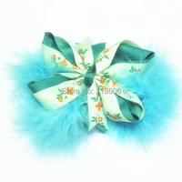 free shipping 200pcs flower printing princess marabou girls hair bow turquoise