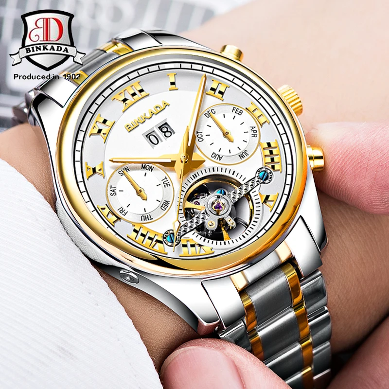 BINKADA automatic Tourbillon часы для мужчин день Дата Полный календарь нержавеющая сталь