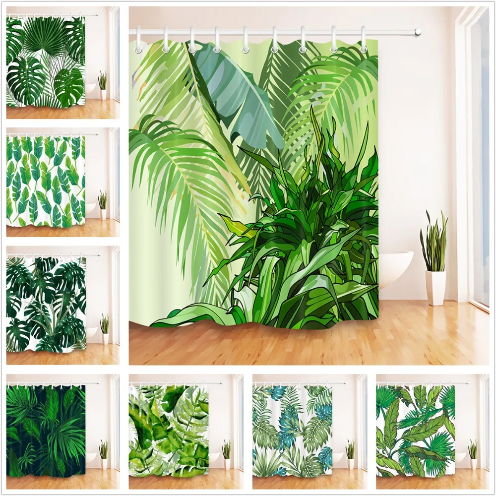 

Green Leaves White Shower Curtain Tropical Jungle Bathroom Nature Waterproof Mildew Resistant Polyester Fabric For Bathtub Decor