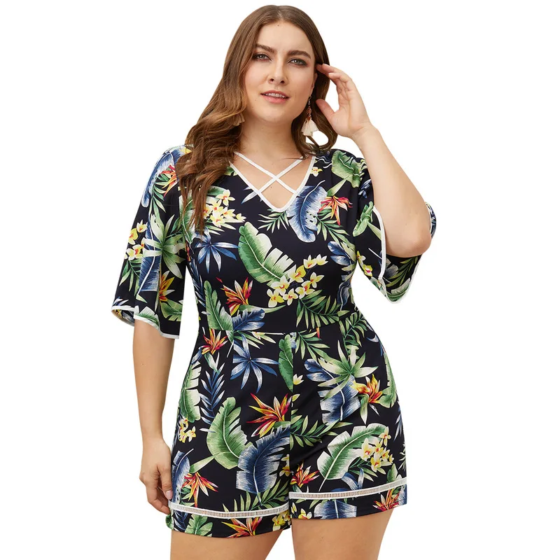 Женский комбинезон большого размера с v образным вырезом и короткими рукавами