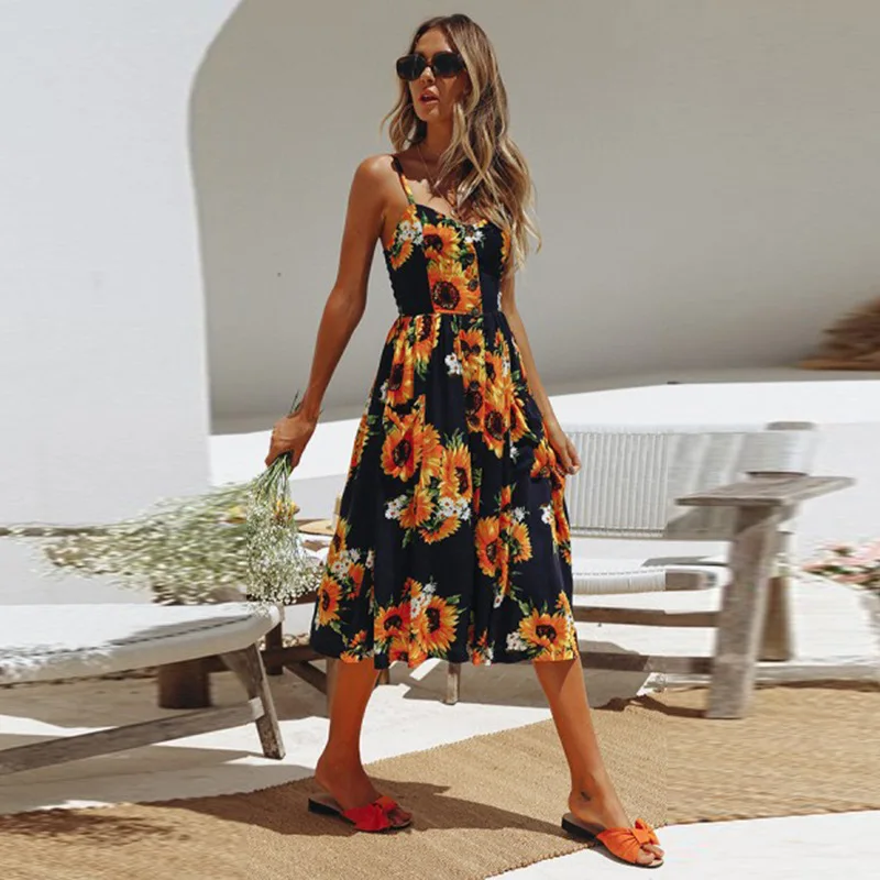 Женское пляжное платье Boho повседневное облегающее с принтом и высокой талией без