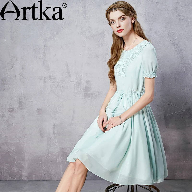 Женское кружевное шифоновое платье ARTKA 2 цвета летнее с круглым вырезом рукавом