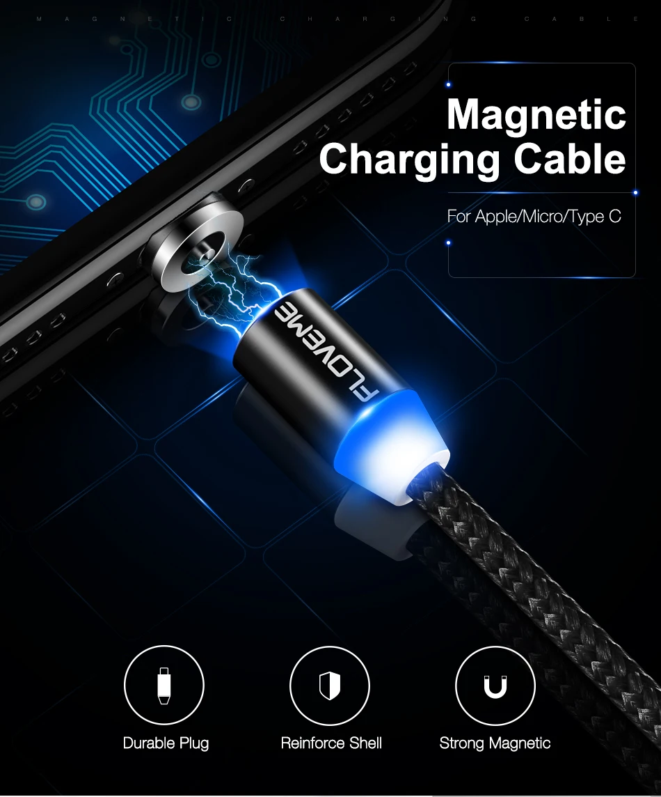 FLOVEME 3 в 1 Магнитный кабель для iPhone 8 X Micro usb type C кабель 2A Быстрая зарядка 1 м магнитные телефонные кабели для samsung USB-C