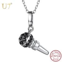 u7 925 sterling silver music microphone mike black cz pendant necklace musical rock rap hiphop chain women gift for musician