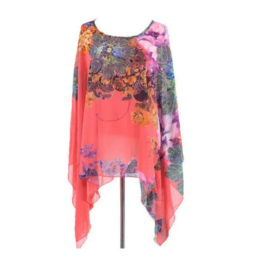 

Summer Women Asymmetrical Loose Casual Batwing Sleeve Blouse Chiffon Female Floral Boho Casual Beach Top Shirts Chemise Femme