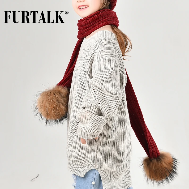 FURTALK детский вязаный шарф натуральный мех шарфы с помпонами для девочек и мальчиков CH021