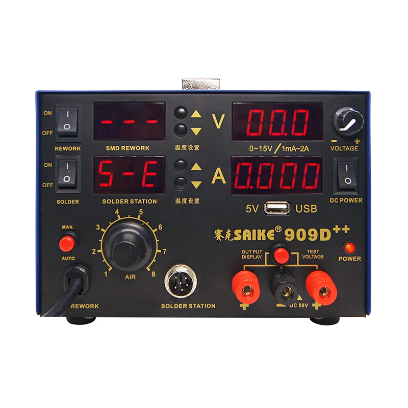 SAIKE 909D 909D++ фена паяльная станция всасывающая станция DC Регулируемый источник питания 15 в 2A термостат паяльник