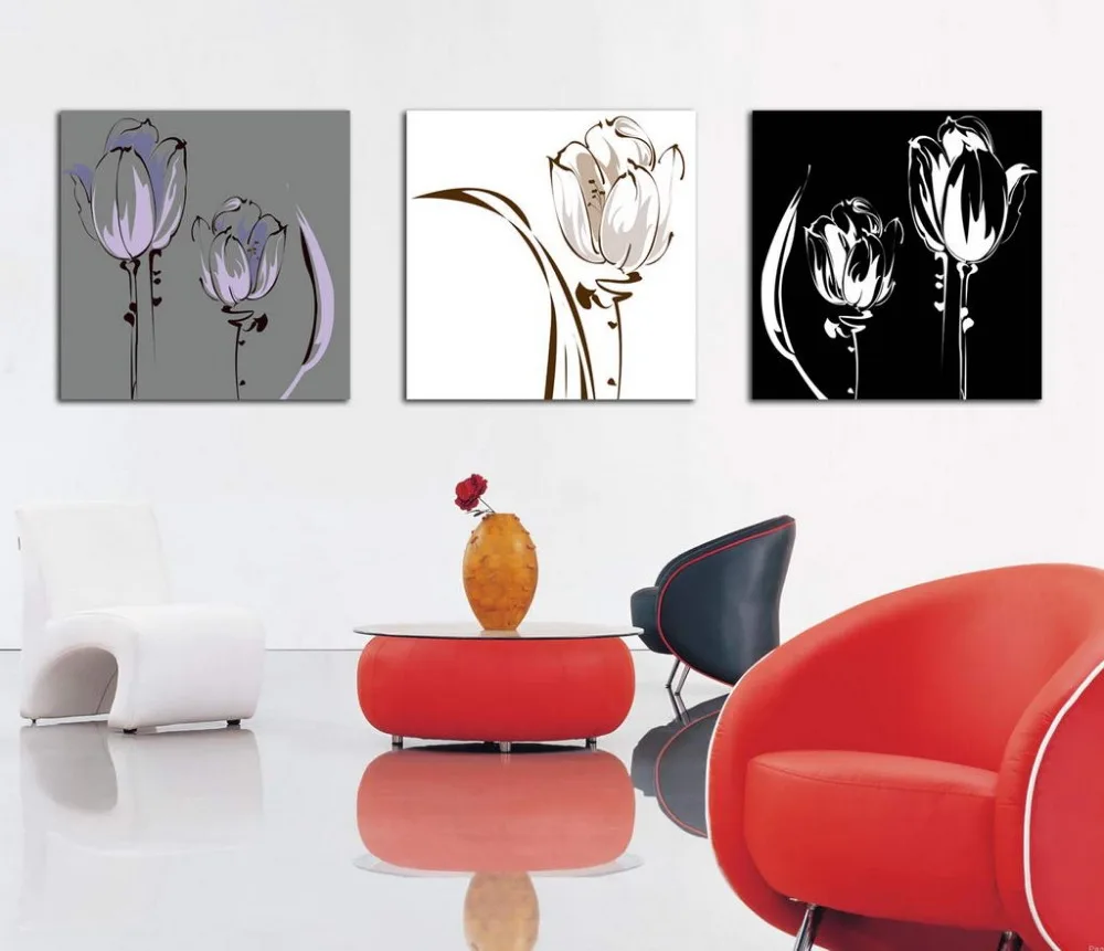 3 Панели картина маслом печать на холсте черный белый абстрактный цветок
