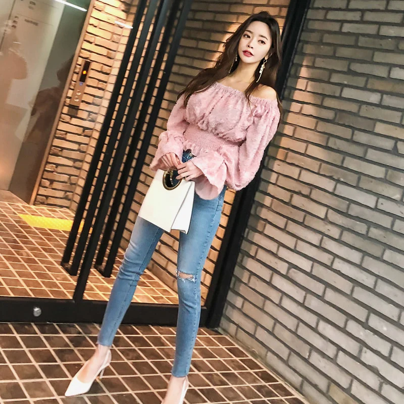 Elegant Slash Neck Off-Shoulder Bottoming Shirt Women 2019 Summer Stretch Elastic Flare Sleeve Female Tops Sweety Casual Clothes |