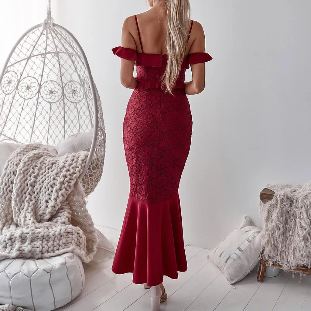 Robe longue женское платье Элегантное сексуальное кружевное коктейльное с рюшами и