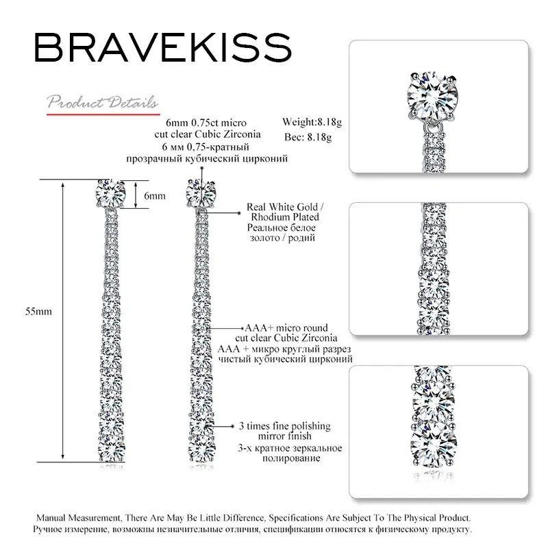 BRAVEKISS Роскошные Длинные Прямоугольная форма простой кристалл падение серьги для