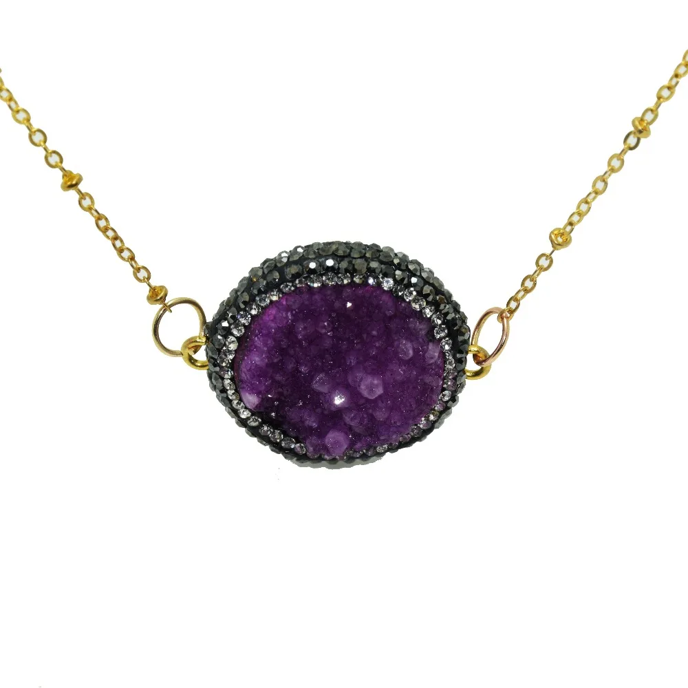 Fashion Jewelry Raw Crystal Quartz natural stone chain Necklace men geode druzy connector necklace with rhinestone crystal paved | Украшения