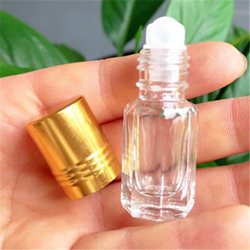 Прозрачная стеклянная бутылка 3 мл с пластиковым роликом и золотой крышкой для