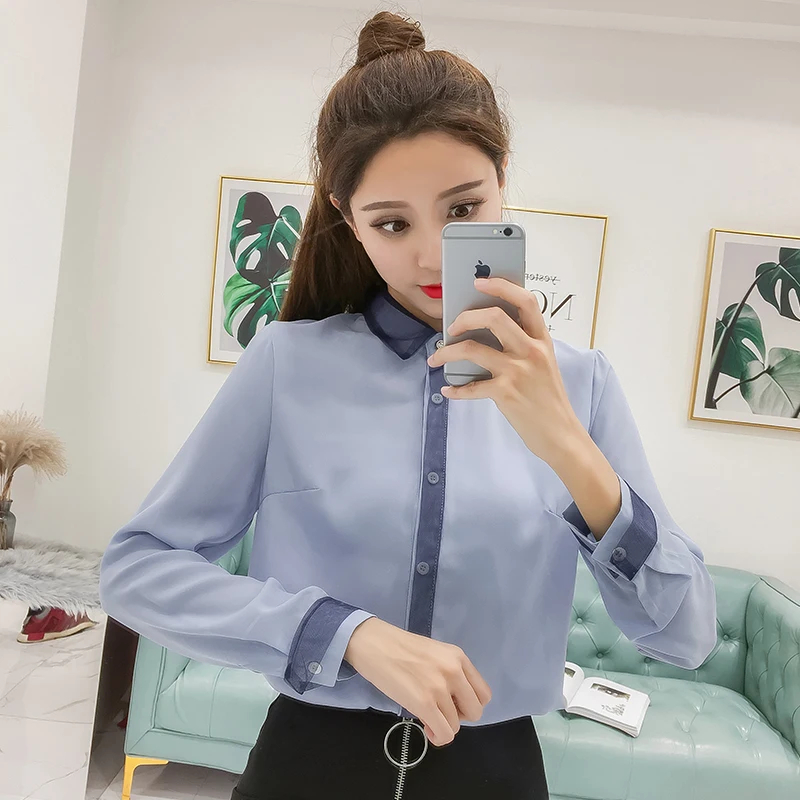 2020 long sleeves women blouses shirts autumn chiffon shirt female clothes blue and white women's tops solid OL blusas 0889 40 | Женская