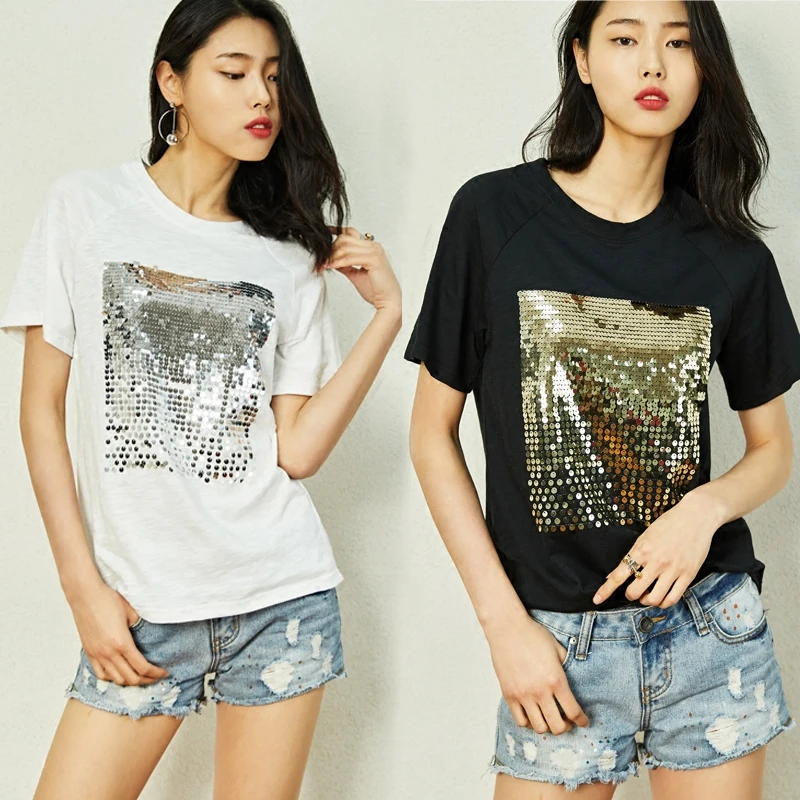 Новое поступление летняя женская футболка с блестками 2020 Высококачественная