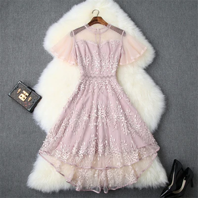 Розовый Summer Dresses Women Designer Butterfly Sleeves Transparent Beading Embroidery Asymmetrical Dovetail Tulle Party Dress Sexy - Цвет: Розовый