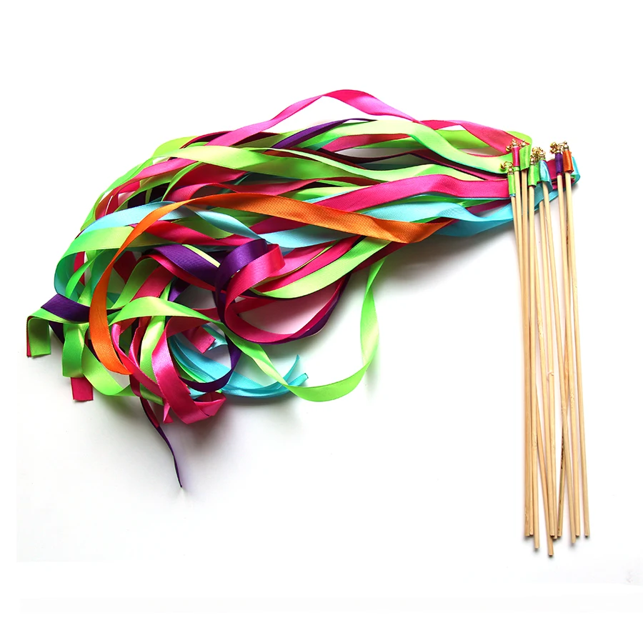 Magic Ribbon Stick Fairy Wand With Gold Bell Children 10pcs/lot Party Supplies Birthday Ornaments Twirling Wedding Streamers |