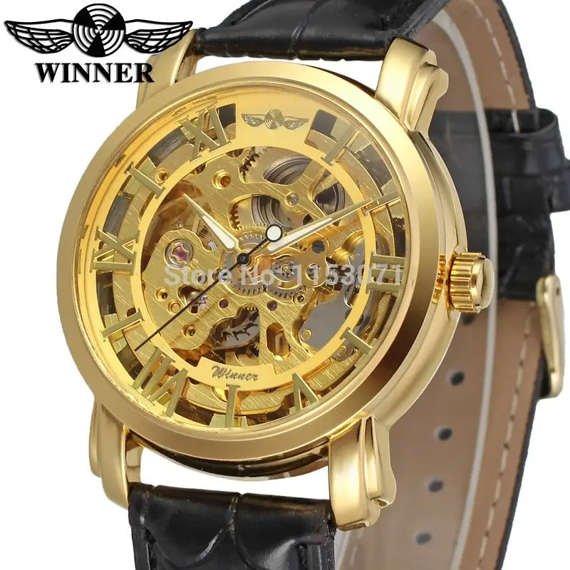 

WRG8078M3G1 winner brand new arrival Automatic gold skeleton watch for men with black leather band wristwatch free shipping