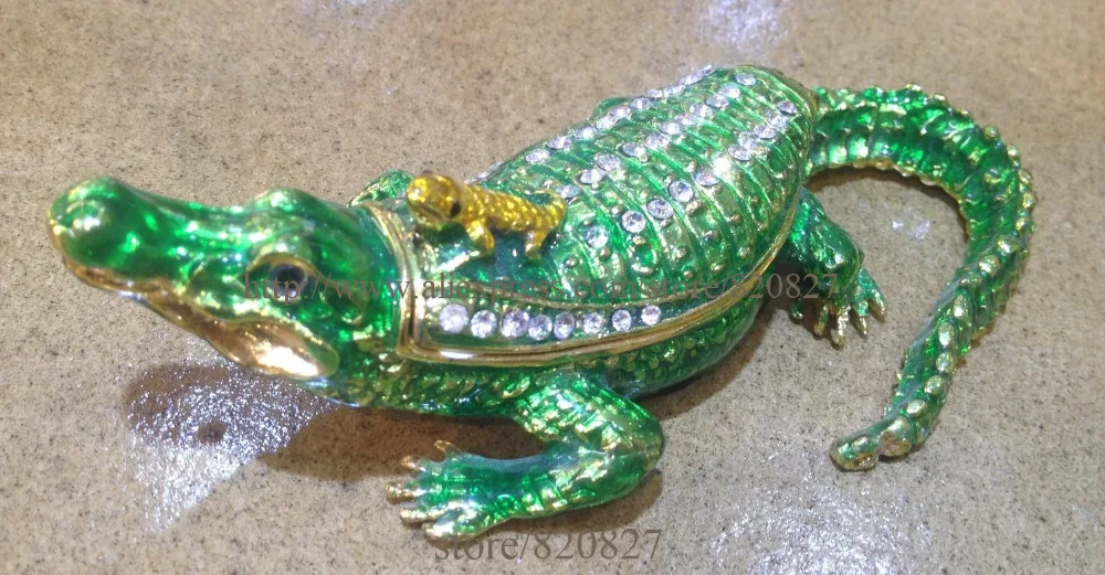 BEJEWELED RHINESTONE CRYSTAL ENAMEL TRINKET BOX - ALLIGATOR/CROCODILE STATUE