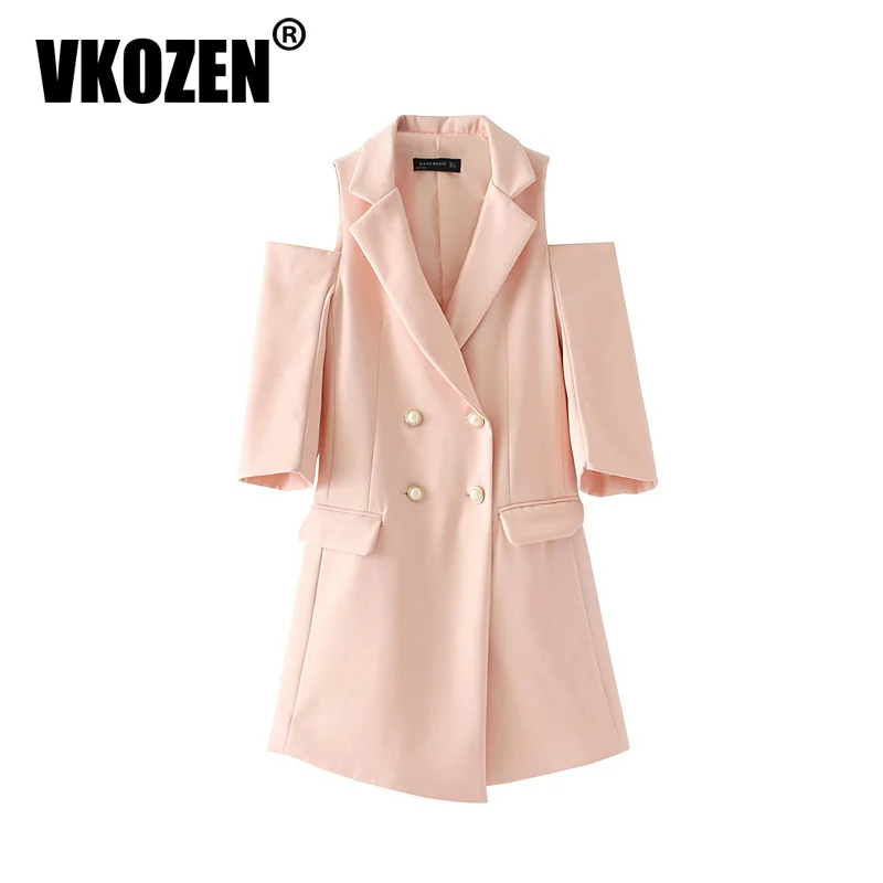 Женская мода с открытыми плечами Блейзер платье двубортная Половина рукава OL YN