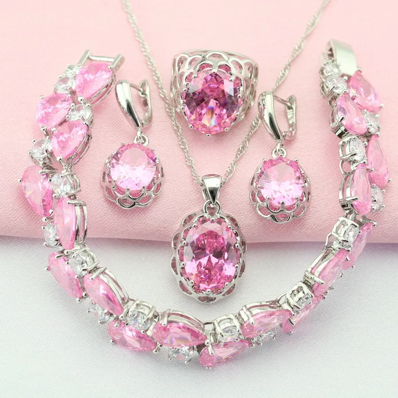 Женский комплект ювелирных изделий серебряного цвета розовый камень модные и