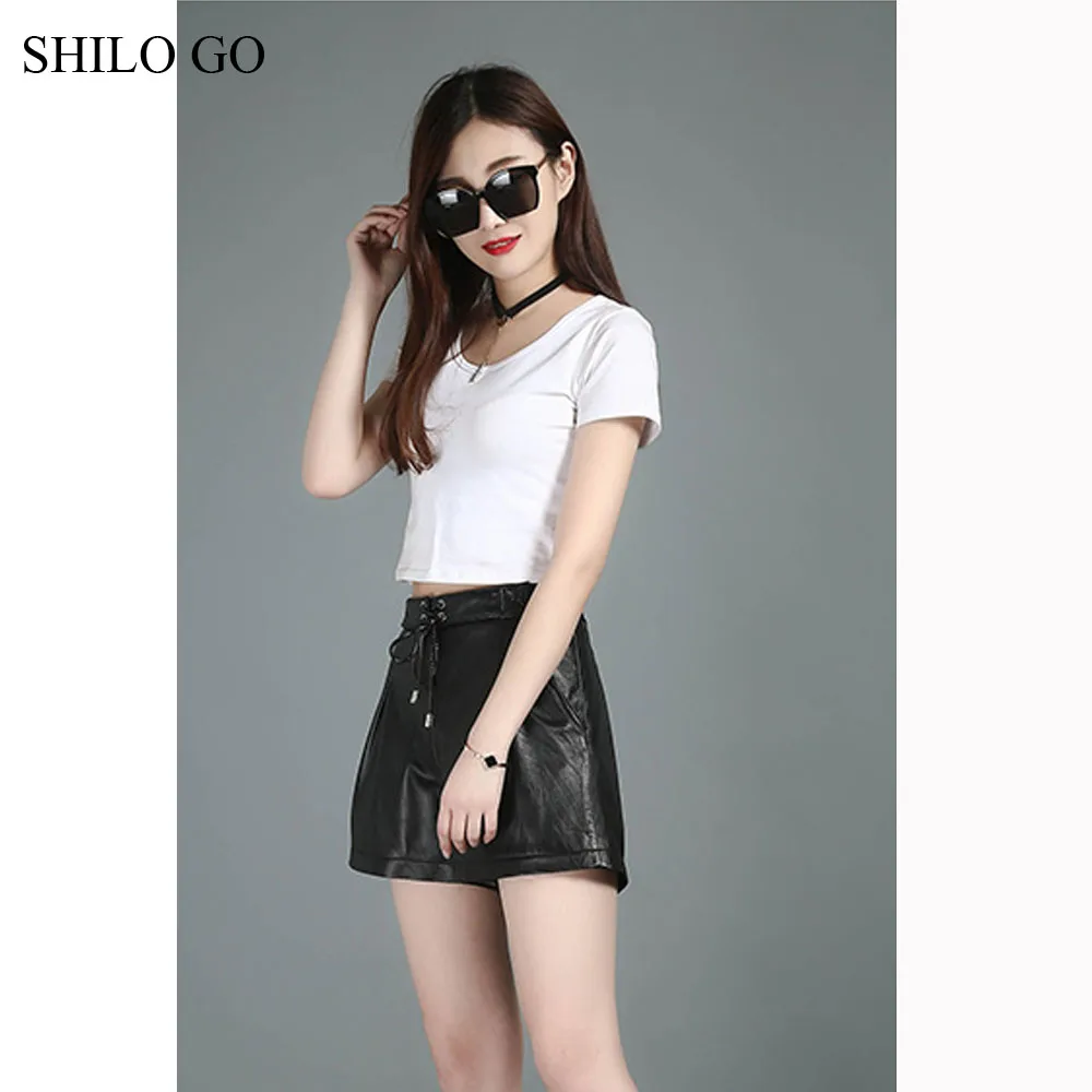 Leather Shorts Womens Autumn Fashion sheepskin genuine leather vintage adjustable high waist wide leg shorts | Женская одежда