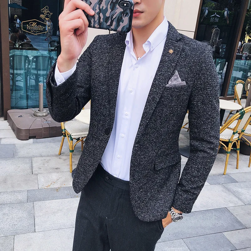 Мужской твидовый Блейзер Осень зима 2018 приталенный Повседневный hombre invierno homens