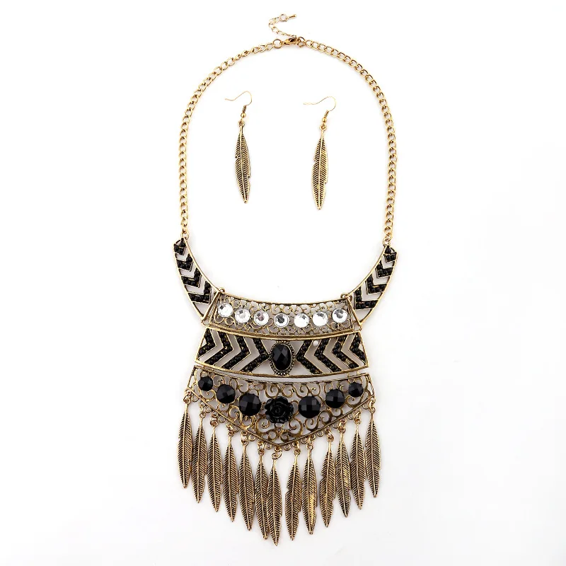LZHLQ богемский Комплект ожерелье и серьги Макси чокер листья кисточки колье
