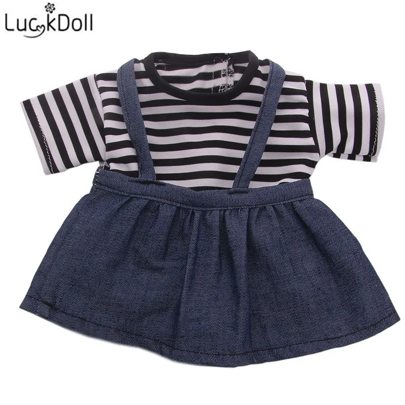 LUCKDOLL топ в полоску + джинсовая юбка на бретельках аксессуары для кукол 18 дюймов