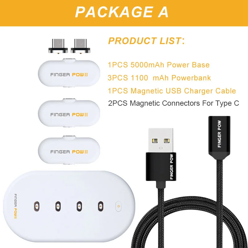 Package A Fingerpow беспроводной мини банк питания для iPhone/Android/TypeC Магнитный USB кабель Внешний аккумулятор 18650 Банк питания портативное зарядное устройство - Цвет: Package A