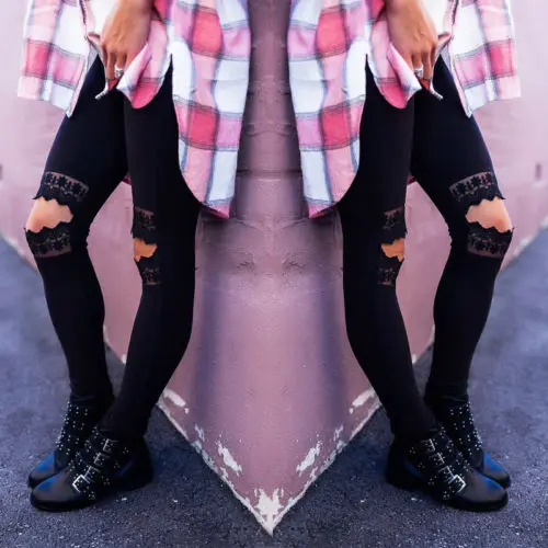 Женские кружевные брюки с дырками облегающие зауженные цветочным принтом