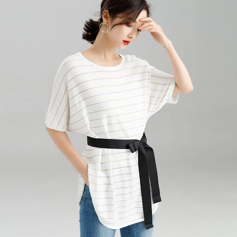 

High quality summer spring loose linen cotton blouse tops fashion design elegant lady striped knit long blouse shirts