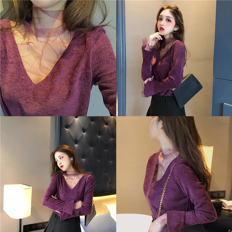 New spring 2019 stand-up lace mesh undershirt with long sleeves slim and sexy v-neck |