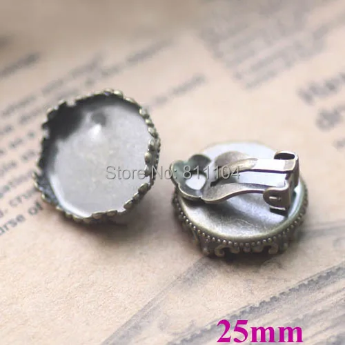 

25mm Vintage Antique Bronze Plated Blank Bases Round Circle Crown Bezel Cabochon Settings Clip Earrings Blank Findings Wholesale