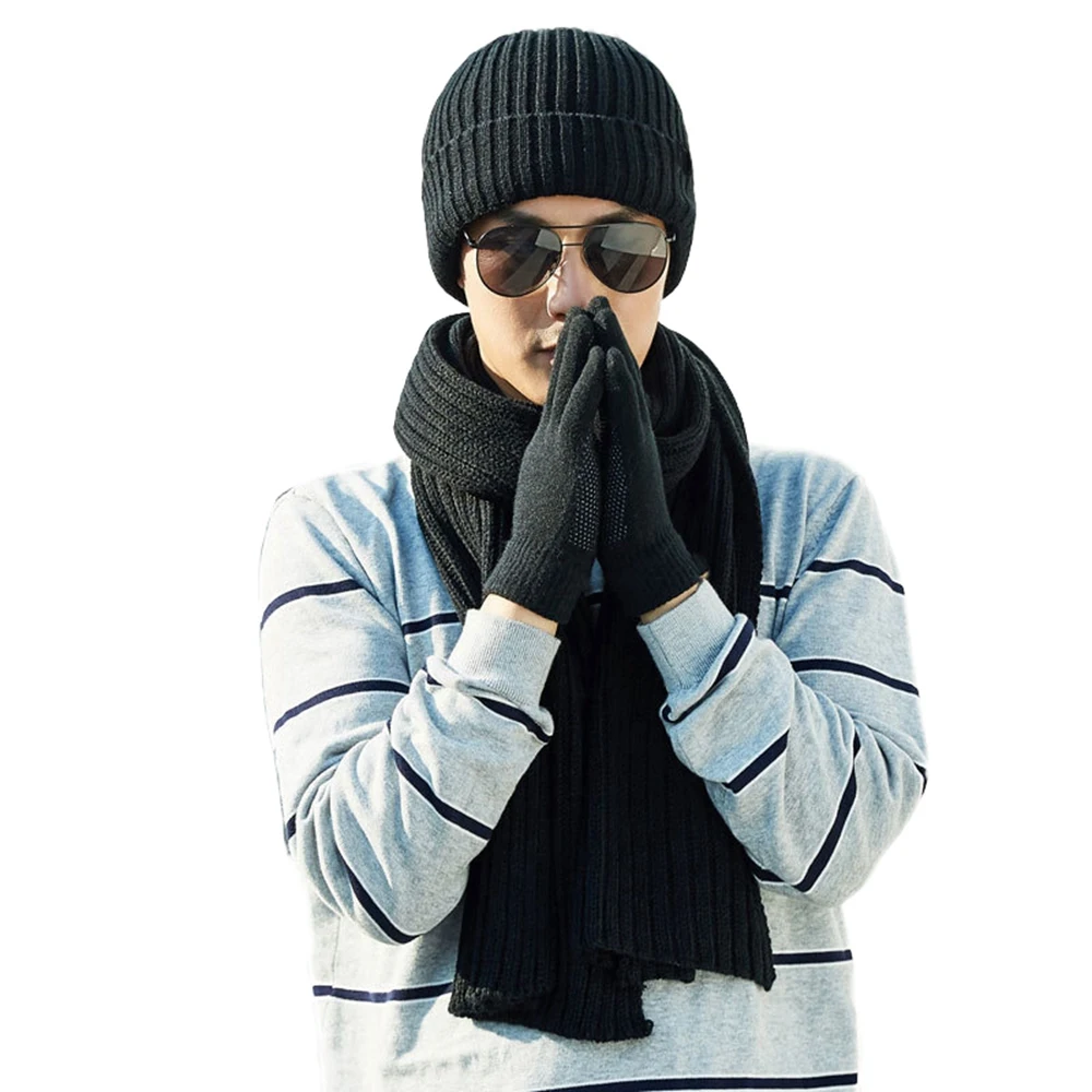 Winter Slouchy Beanie Pure Color Hat &amp Scarf Touchscreen Gloves Three-piece Set Autumn Fashion Warmer Unisex Cap |