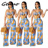 leaves print sexy 2 piece tracksuits women bow tie backless crop top and wide leg pants summer outfits two piece matching sets