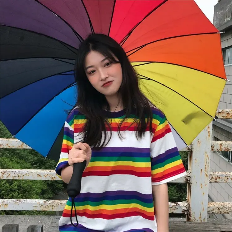 Женская футболка, летние топы, корейский Ulzzang Harajuku, радужная полосатая футболка для женщин, футболка с коротким рукавом, женская повседневная одежда