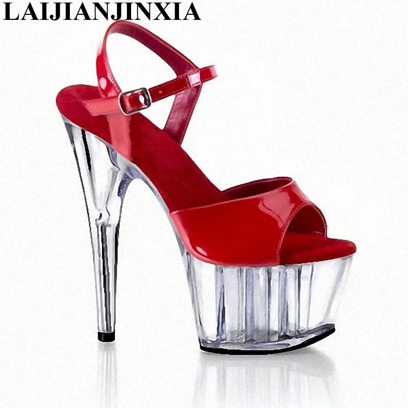 

LAIJIANJINXIA New Sexy Red Shiny Ankle Strap 15Cm High Heels Sandals Open Toe Platform Shoes Womans Shoes Fashions Summer Shoes