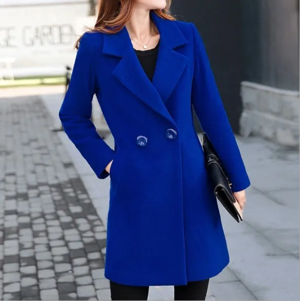 Wool Blends Womens Double Breasted Long Blazer For Women Woolen Notched Trench Coat Black Blue Red Yellow BIG Size Overcoat