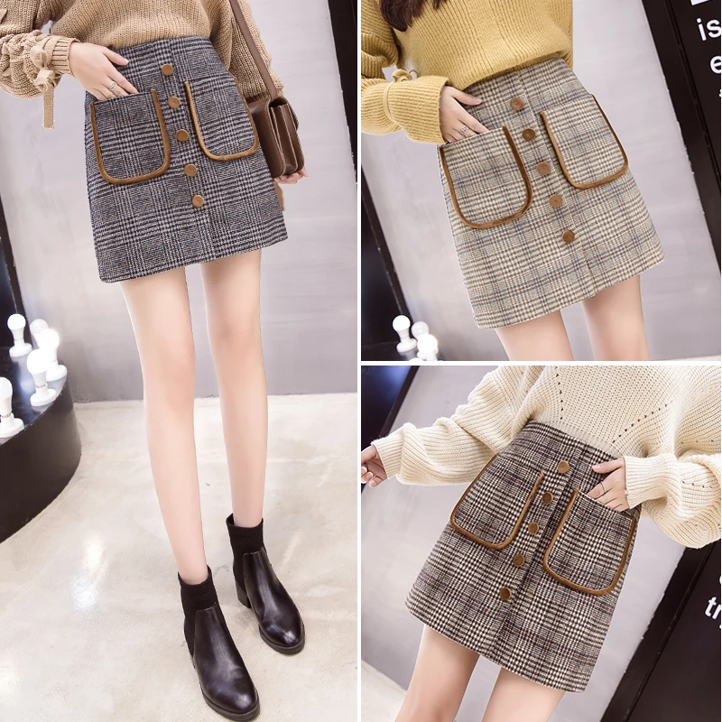 Высокая Талия линии юбка и пуговицы 2019 новый двойной карманы клетчатая Мини