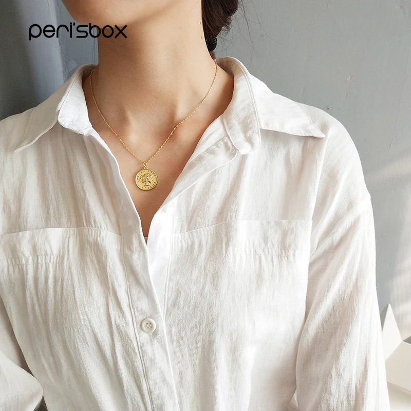 

Peri'sBox Gold Color Portrait Coin Pendant Necklaces 925 Sterling Sliver Round Disc Chain Chokers Minimalist Necklace for Women
