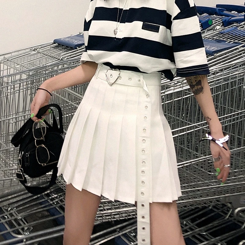 

Harajuku Kawaii Fashion Rivet Sashes Mini Skirt Women Student School A-Line Skirts Female High Waist Cute Pleated Skirt